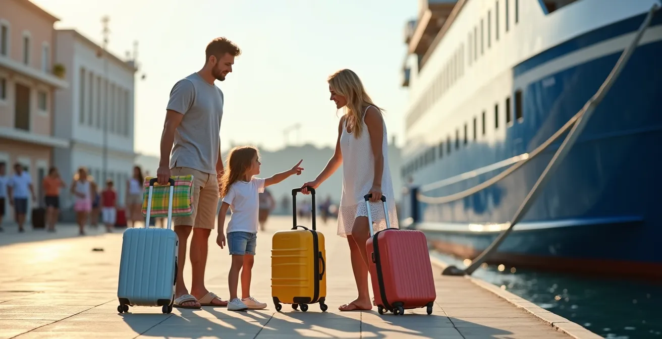 Famille avec enfants préparant l'embarquement sur un ferry