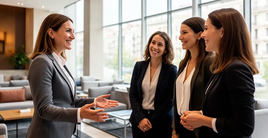 Femme accueillant un groupe de femmes dans un hall d'hôtel moderne