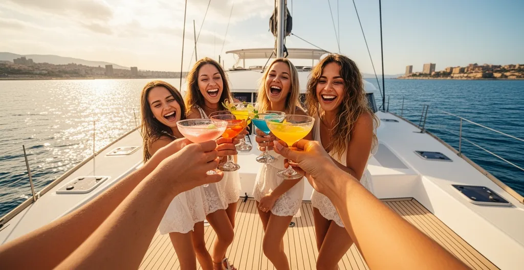 Groupe de femmes sur le pont d'un catamaran naviguant le long de la côte barcelonaise
