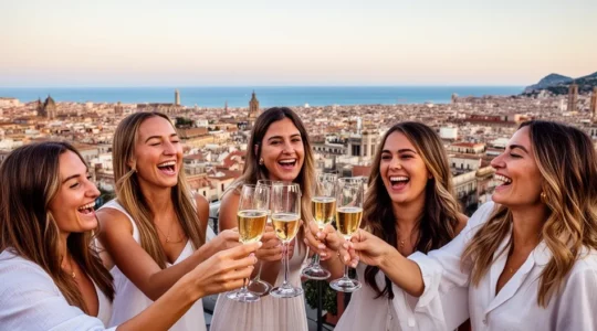 Groupe de femmes célébrant sur une terrasse avec vue sur Barcelone