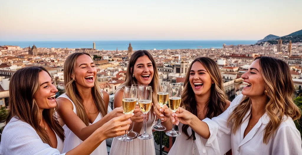 Groupe de femmes célébrant sur une terrasse avec vue sur Barcelone