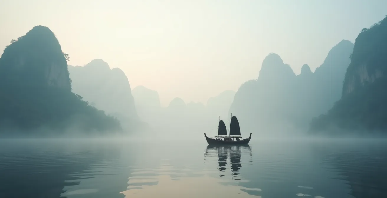 Jonque traditionnelle naviguant dans la brume matinale de la baie d'Halong