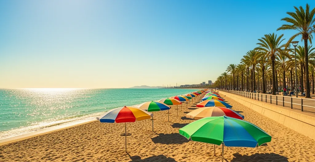 Vue de la plage de Barceloneta avec parasols colorés et mer Méditerranée